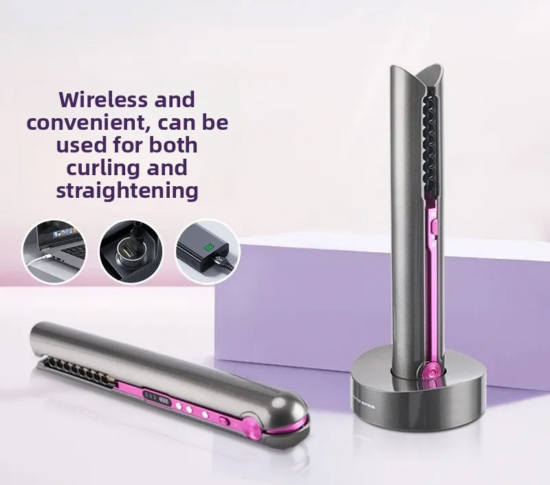 Mini Wireless Charging Hair Curler Straightener Combo, Compact Flat Iron for Fluffy Portable Hairstyle Making