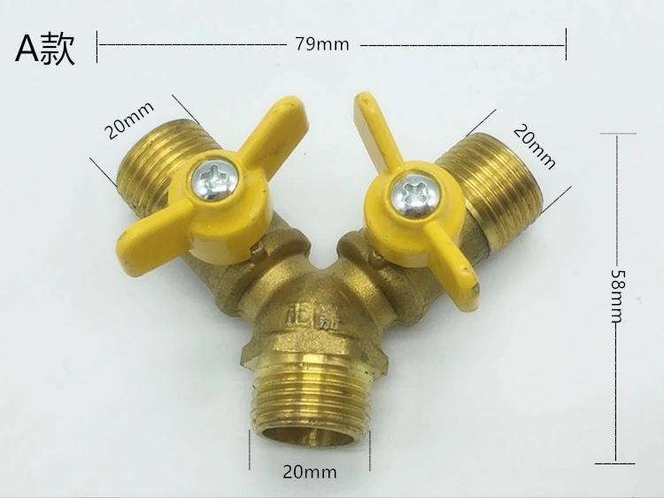 1-to-2 brass valve with switch, three-way water pipe, dual outlet diverter, internal and external thread fittings, 1/2 inch