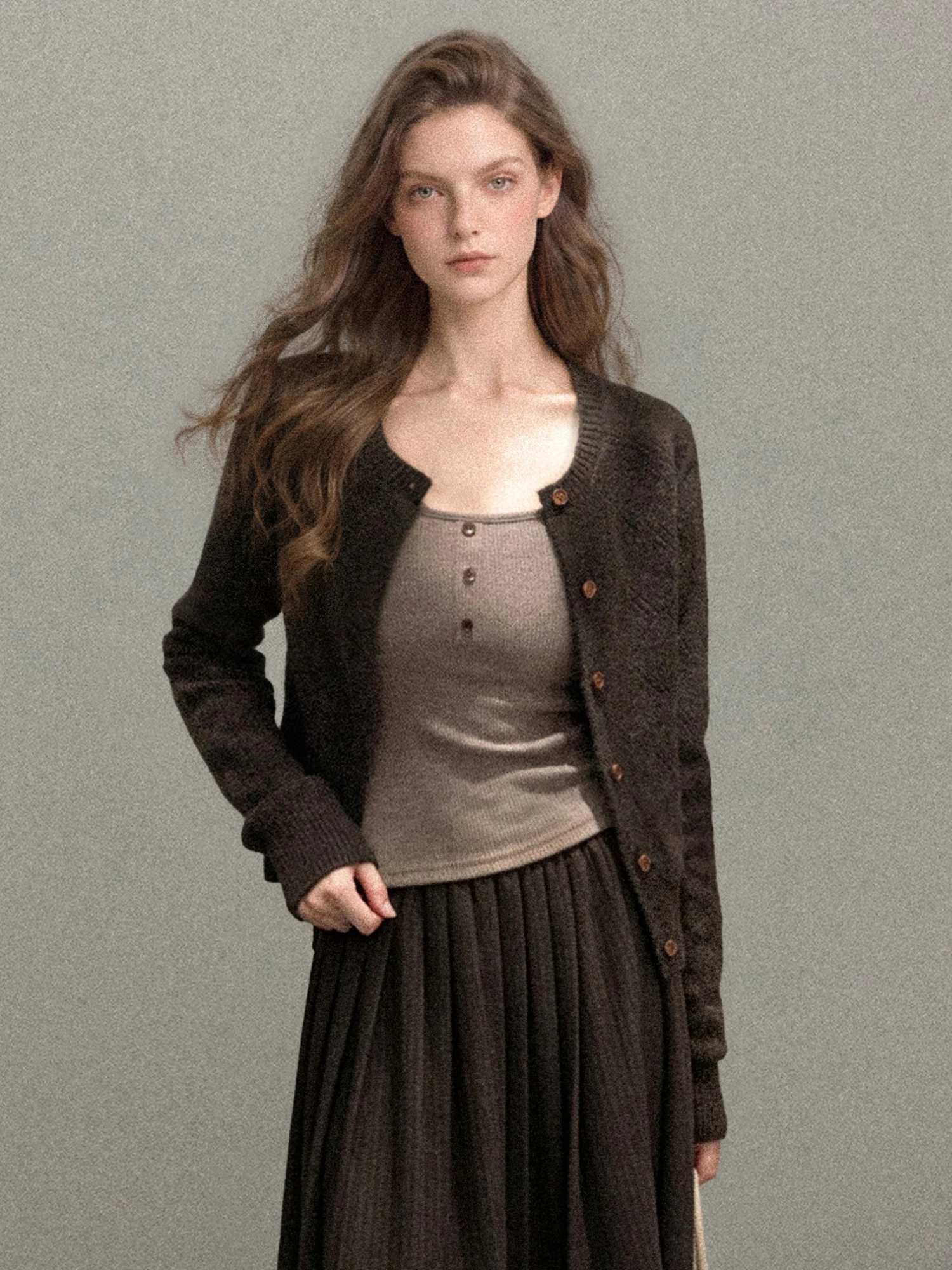 Caramel Knitted Open Cardigan Women's Early Autumn Winter Slimming Short Hollow out Long Sleeve Sweater Jacket Top
