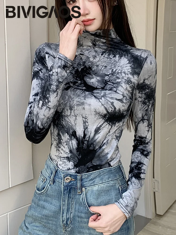 

BIVIGAOS Spring New Ink Wash Long Sleeved T-Shirt Slim Base Shirts Women Retro Trendy Elegant Half High Neck Tie Dye Printed Top