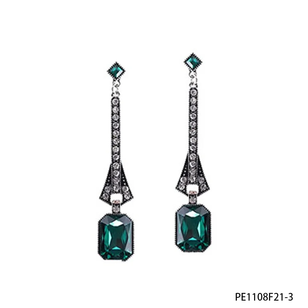 PESENAR  1920s Style Art Deco Green Crystal Drop Earrings for Flapper Costume and Vintage Gatsby Accessory