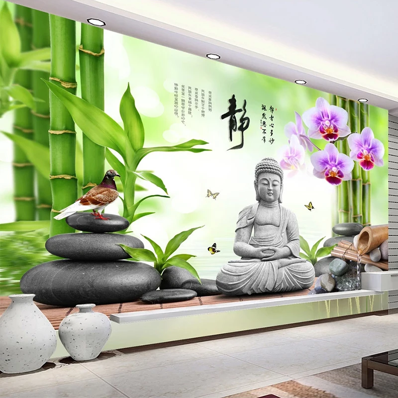 Custom 3D Mural Wallpaper Buddha Statue Green Bamboo Cobblestone Dove Flower Butterfly 3D Photo Wall Painting Living Room Sofa