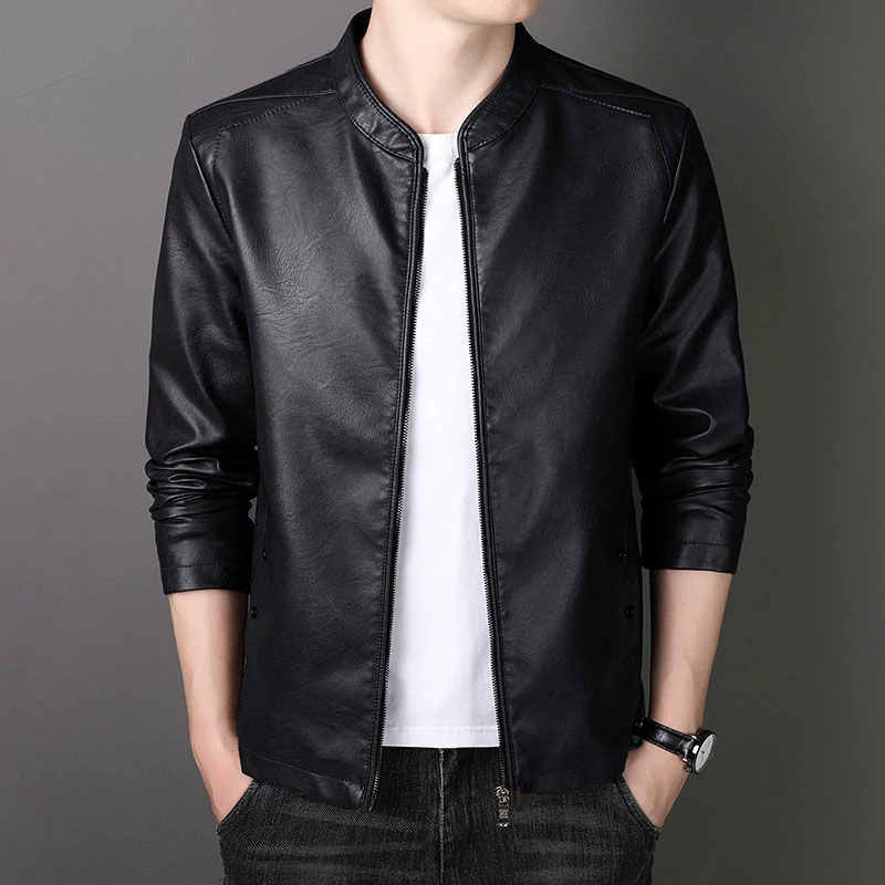 

Bomber Leather Jacket Men Big Size Standcollar Motorcycle Jacket Zipper PU Leather Coat Vintage Black Pocket Jacket Men Clothing