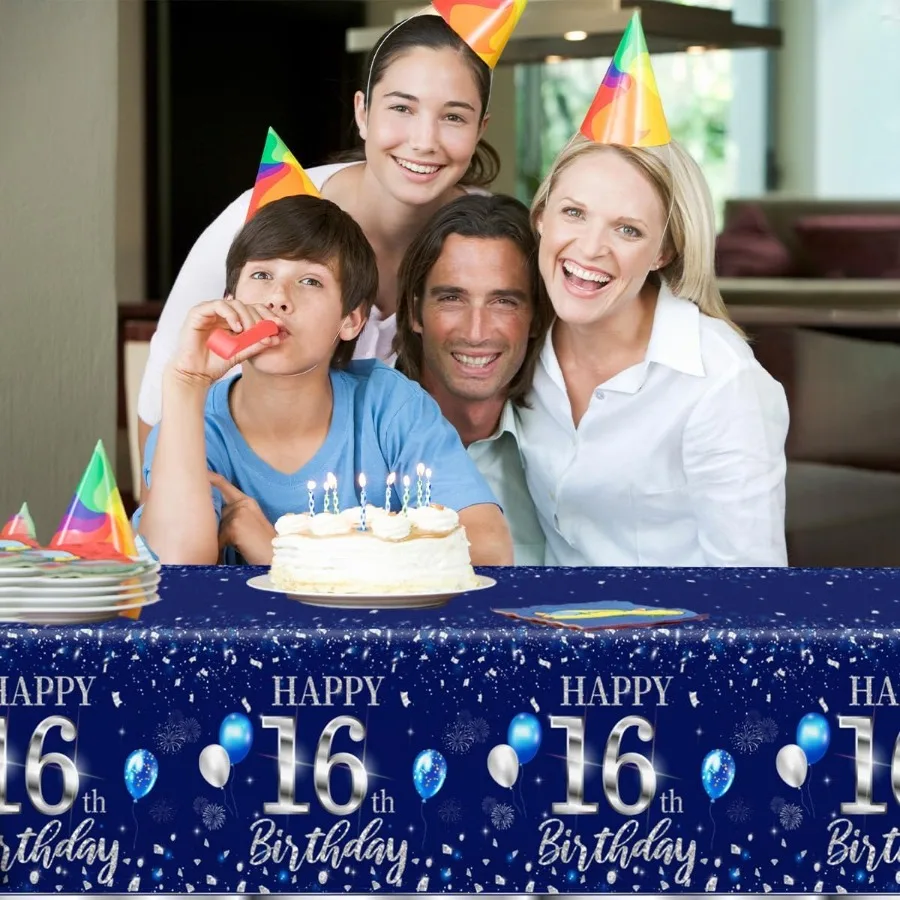 Nappe jetable pour 16e anniversaire, 3 pièces, argent bleu, décorations joyeux anniversaire pour garçon de 16 ans, fournitures de fête d'anniversaire