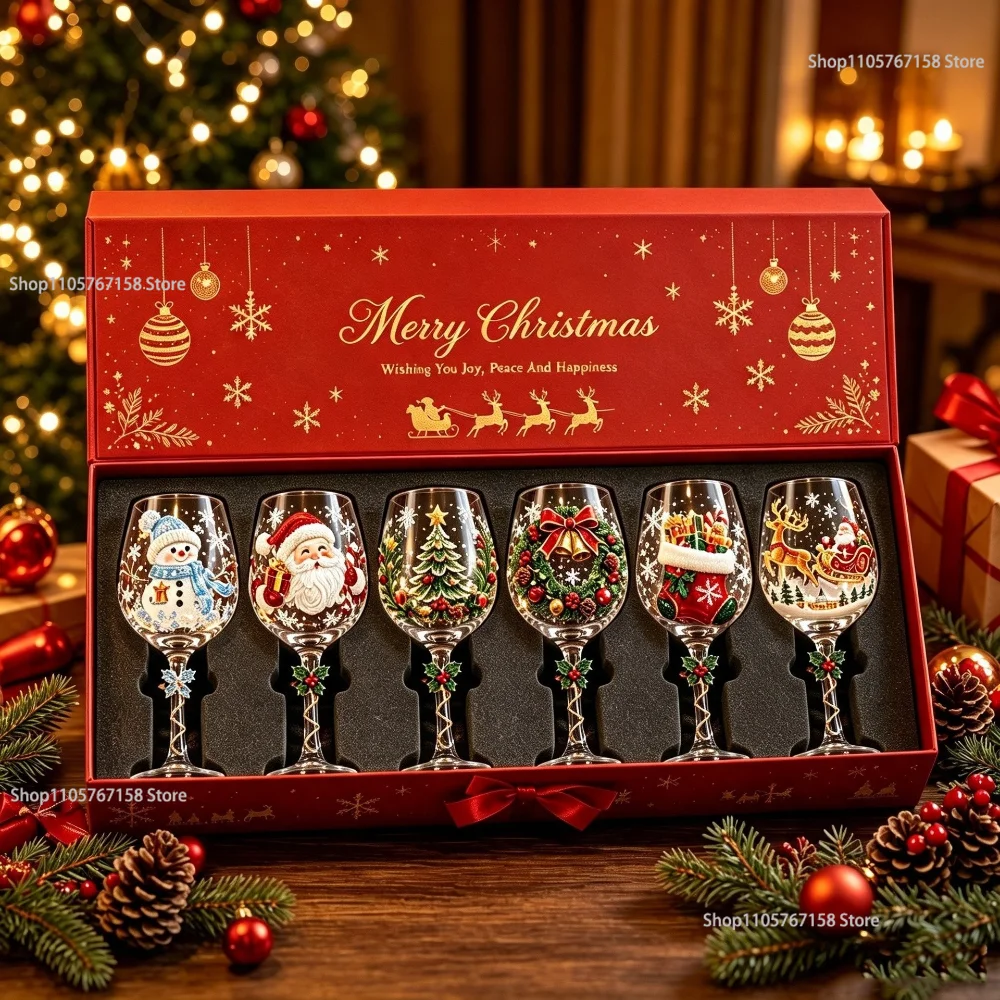 Christmas Glass Art Tall Cup,Luxury Festival Glassware Unique Winter Snowflake Round Santa Snowman Tree Decorative Bottle