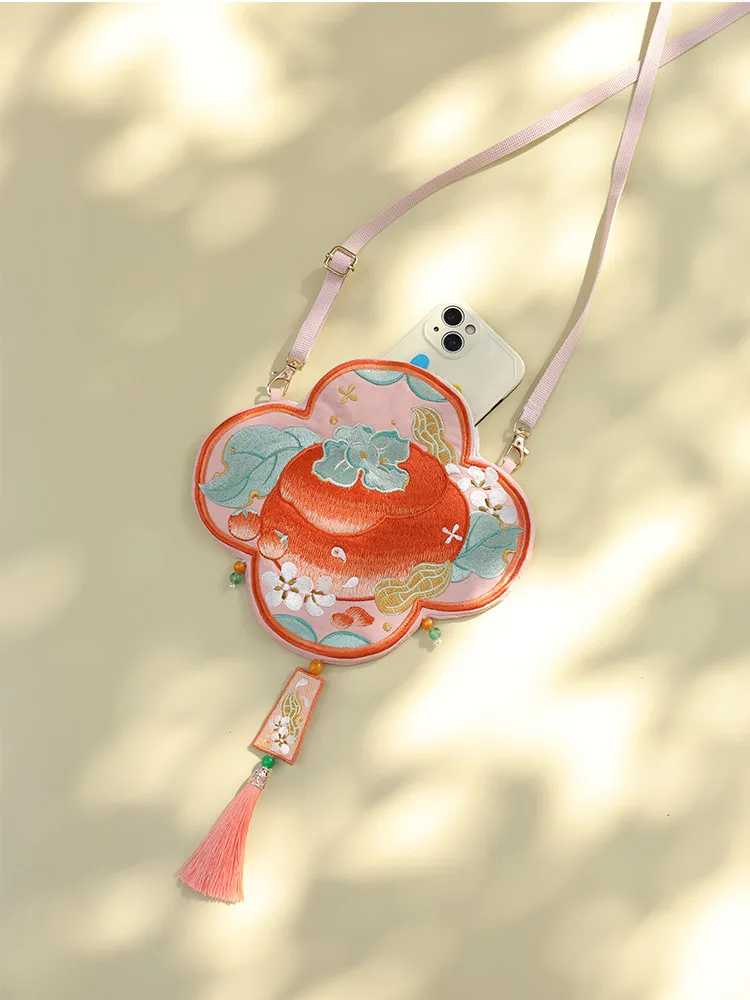 Chinese Traditional Hanfu Persimmon Embroidered Crossbody Bag With Tassel Adjustable Strap Chain Unisex For Daily Cosplay Wear
