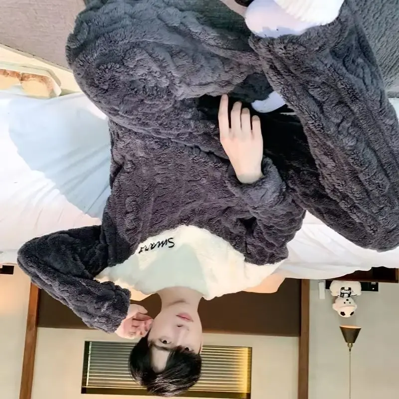 2026 Men Coral Fleece Pajamas Set Autumn Winter Sleepwear Pants Two-piece Set Plush Fleece Thickened Fleece Warm Home Suit Set