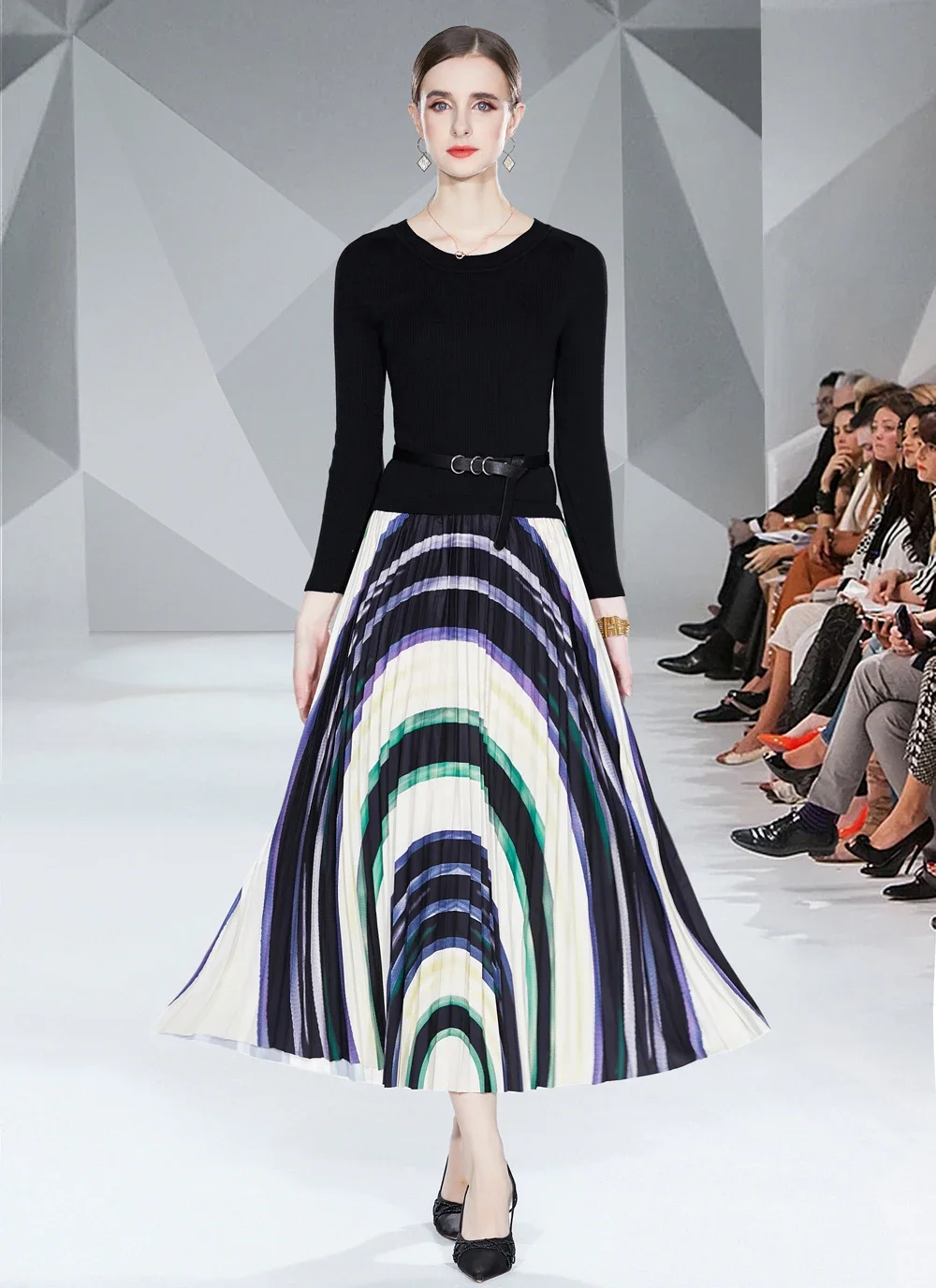 

French Socialite Temperament Long Sleeved Knitted Patchwork Printed Skirt Versatile High Waist Slimming Dress Autumn Clothing