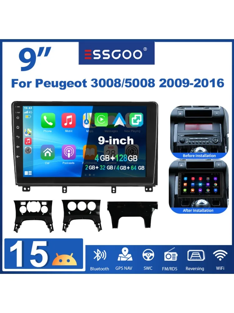 ESSGOO 9" Android15 4+64G 6+128G 2+32G für Peugeot 3008 5008 2009-2016 Autoradio mit kabellosem CarPlay Android Auto GPS Navigation RDS FM WiFi Bluetooth CANBUS Mirror Link Lenkradsteuerung