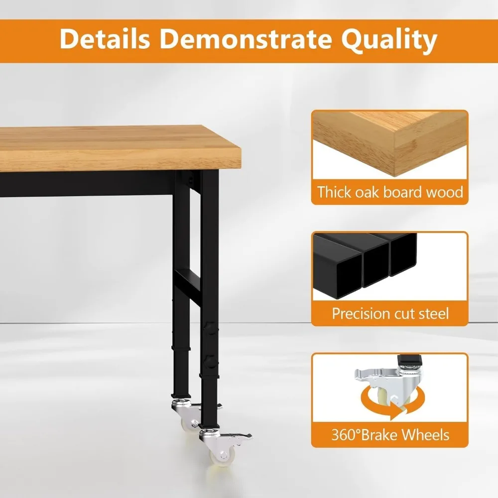 Heavy-Duty Adjustable Height Solid Wood Workbench with Wheels and Power Outlets, 2000 LB Capacity for Industrial Use