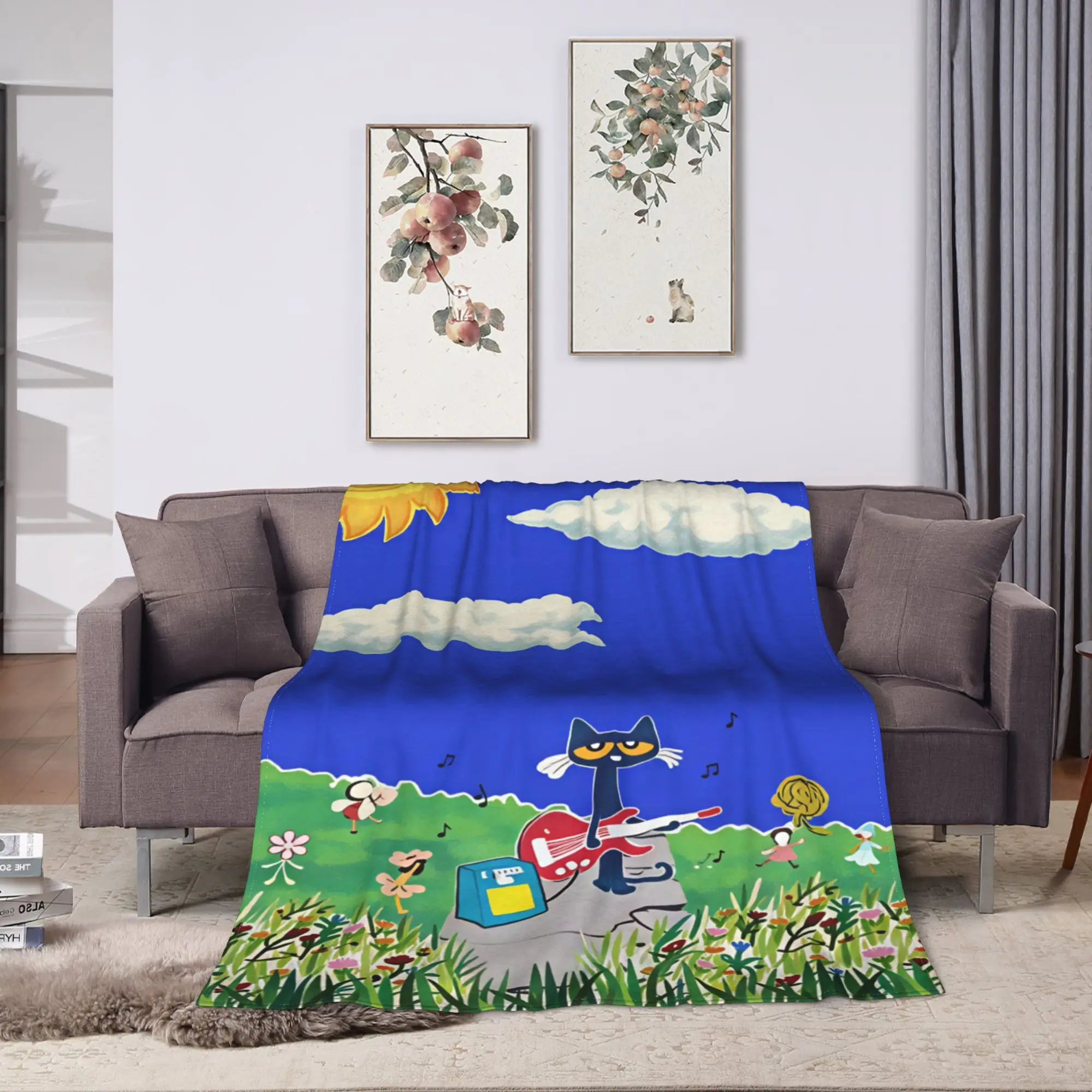 Warm Soft Blanket Pete The Cat I Love My White Shoes Cool Throw Blanket  Flannel Bedspread For Couch Chair Fluffy Sofa Bed Cover