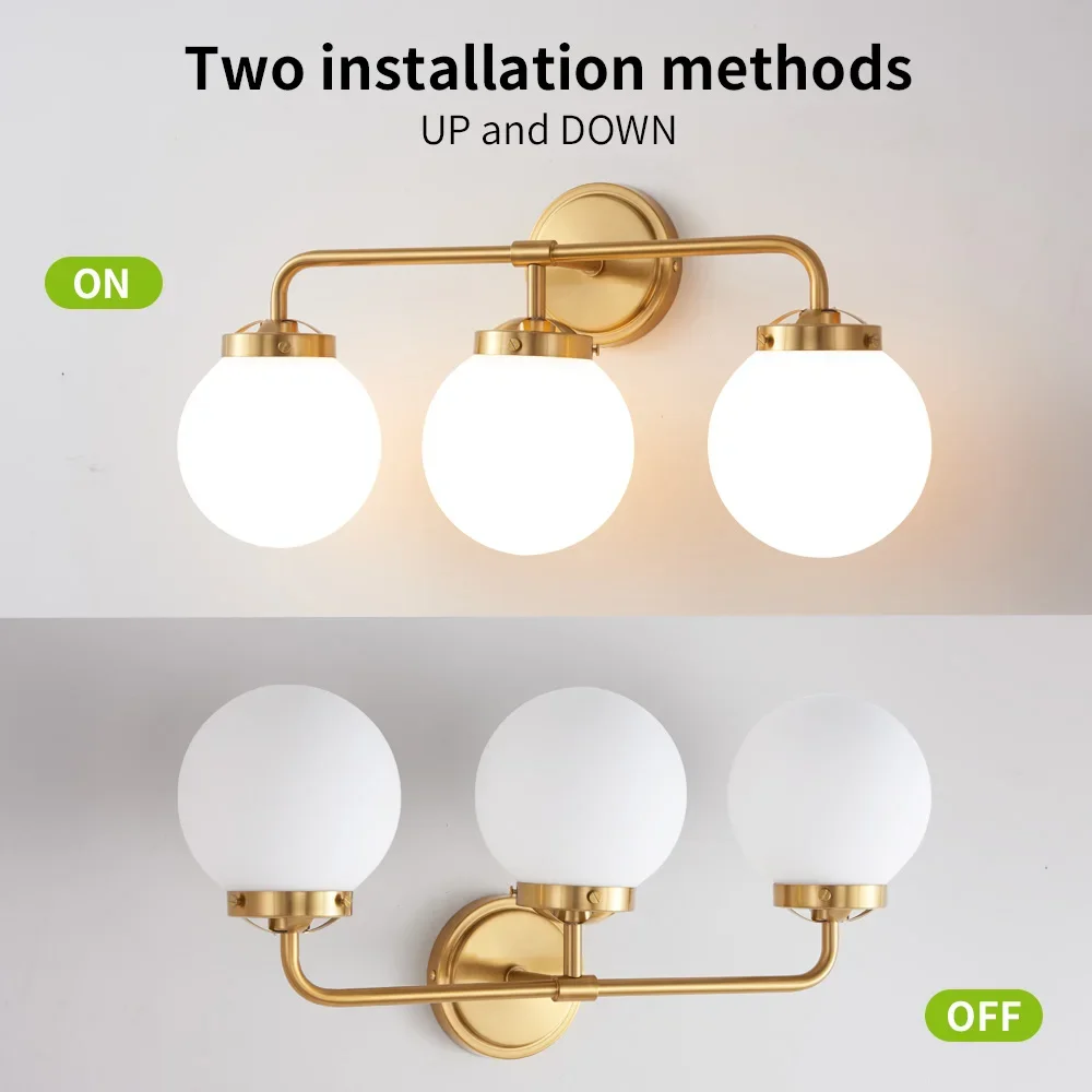 FSS Gold Bathroom Vanity Light Fixtures Over Mirror Modern Brass 3 Lights Wall Sconce with Milky Glass Ball Shade