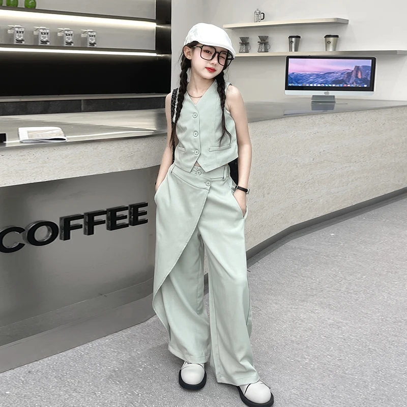 Teenage Girl Blazer Vest Set Summer Autumn New V-neck Buttons Tank Tops +Irregular Wide-leg Pants Outfits Chic Walk Show Costume