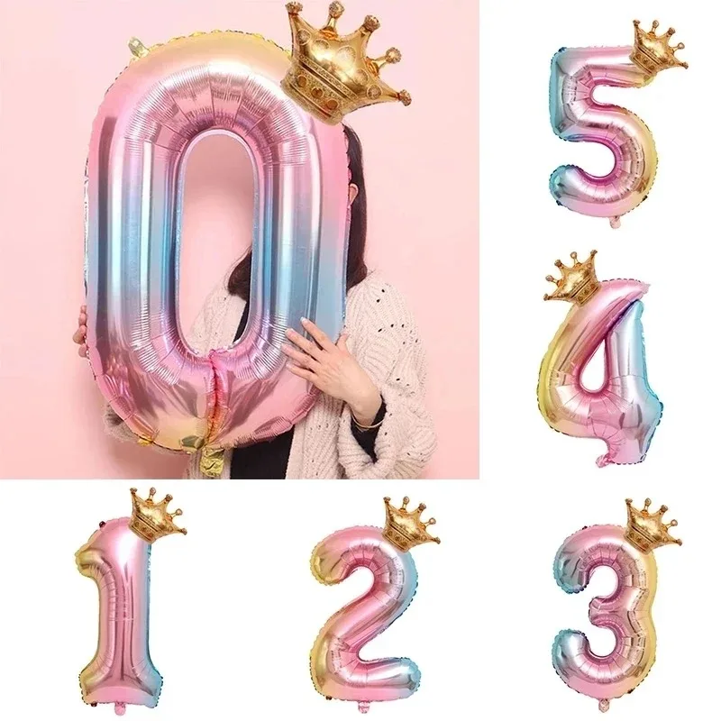 32 Inch Colorful Crown Number Foil Balloons Happy Birthday Party Decoration Number 0 1 2 3 4 5 6 7 8 9 Foil Balloons