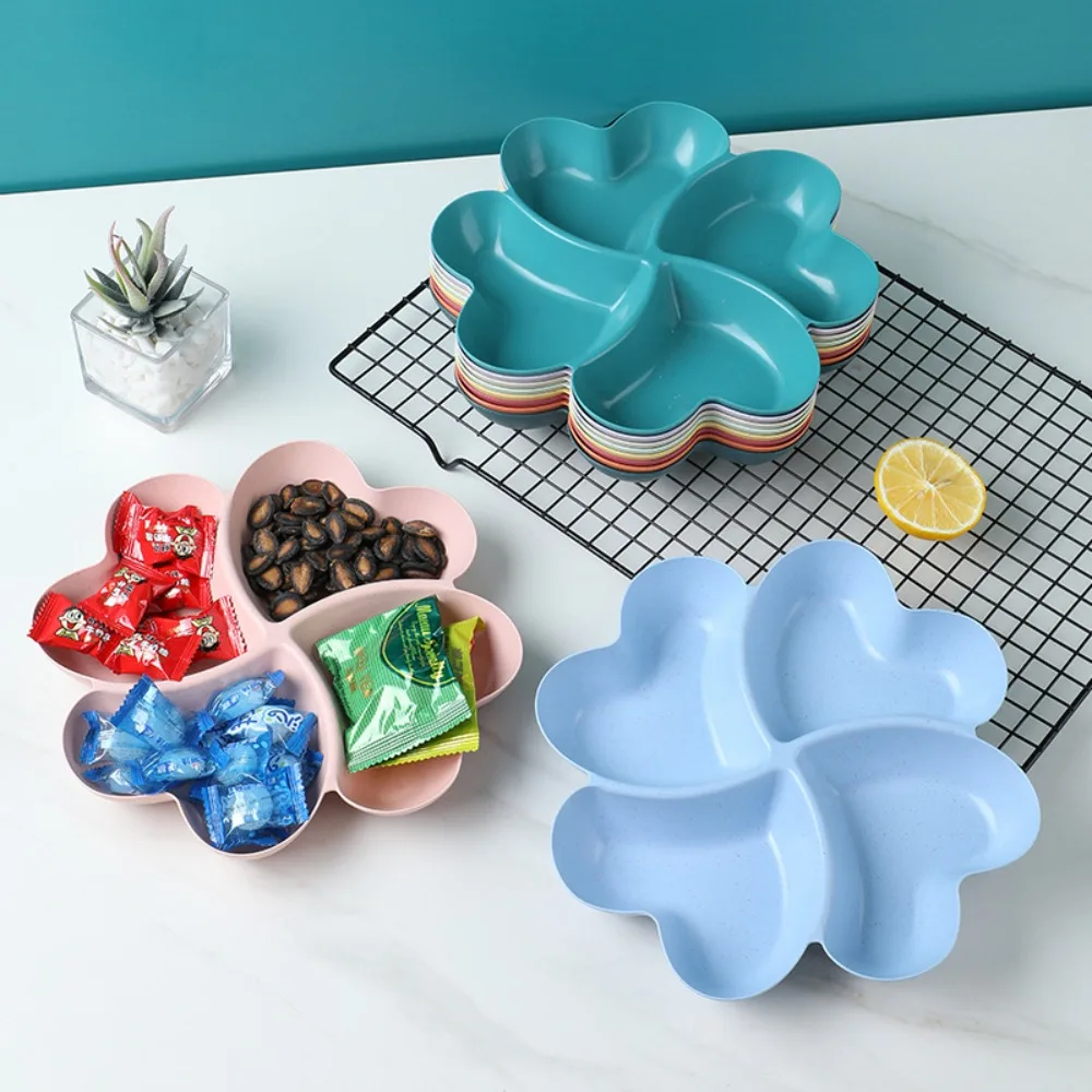 4-Compartment Appetizer Serving Platter Wheat Straw Unbreakable Food Storage Tray Four Leaf Clover Shape Snacks Serving Dish