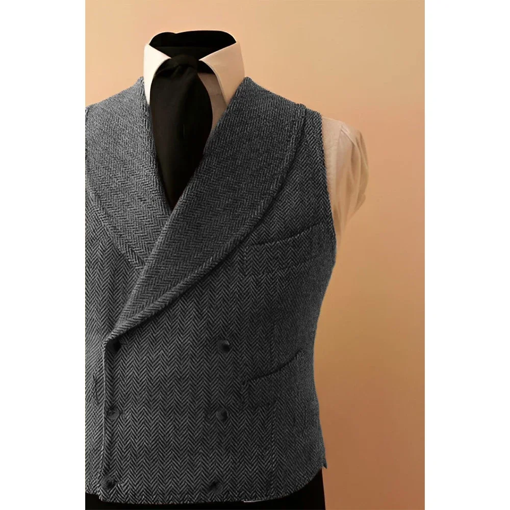 Shawl Lapel Men's Tweed Double Breasted  Leather Vest Male Dress Casual Herringbone Sleeveless Jacket Vests for Men Dress Up