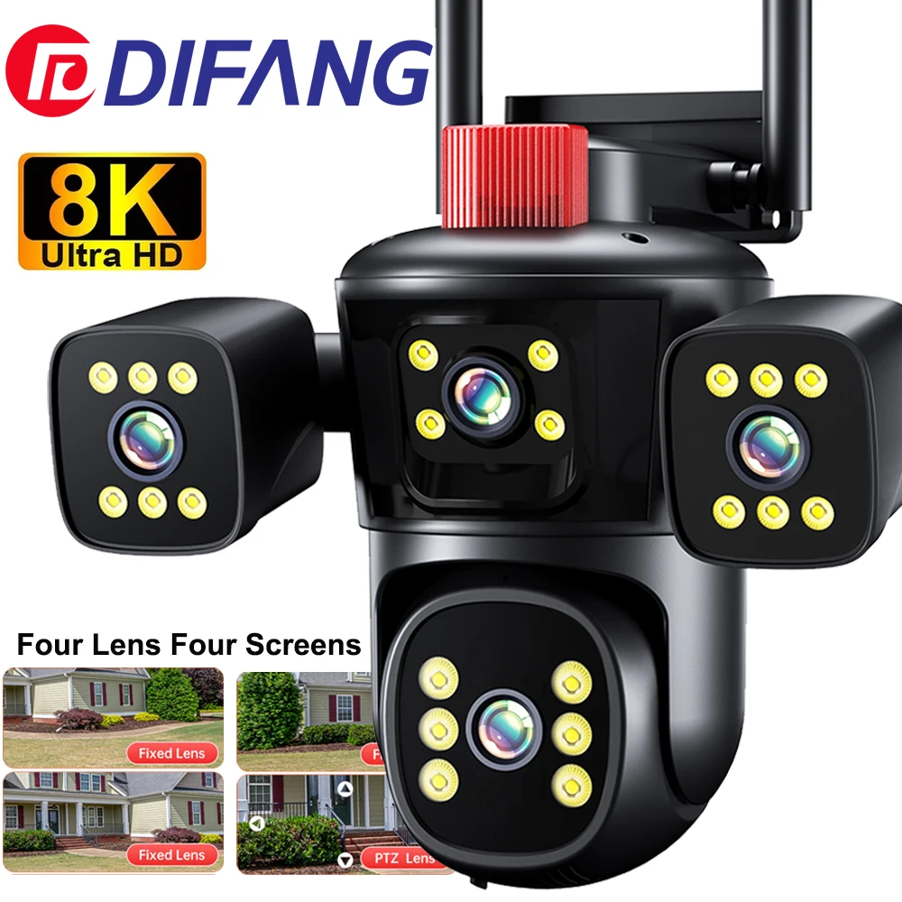 DIFANG 4 Screen CCTV Outdoor WIFI Security  Camera, Night Vision, Two-Way audio, outside waterproof 8MP 360 wireless IP Camera