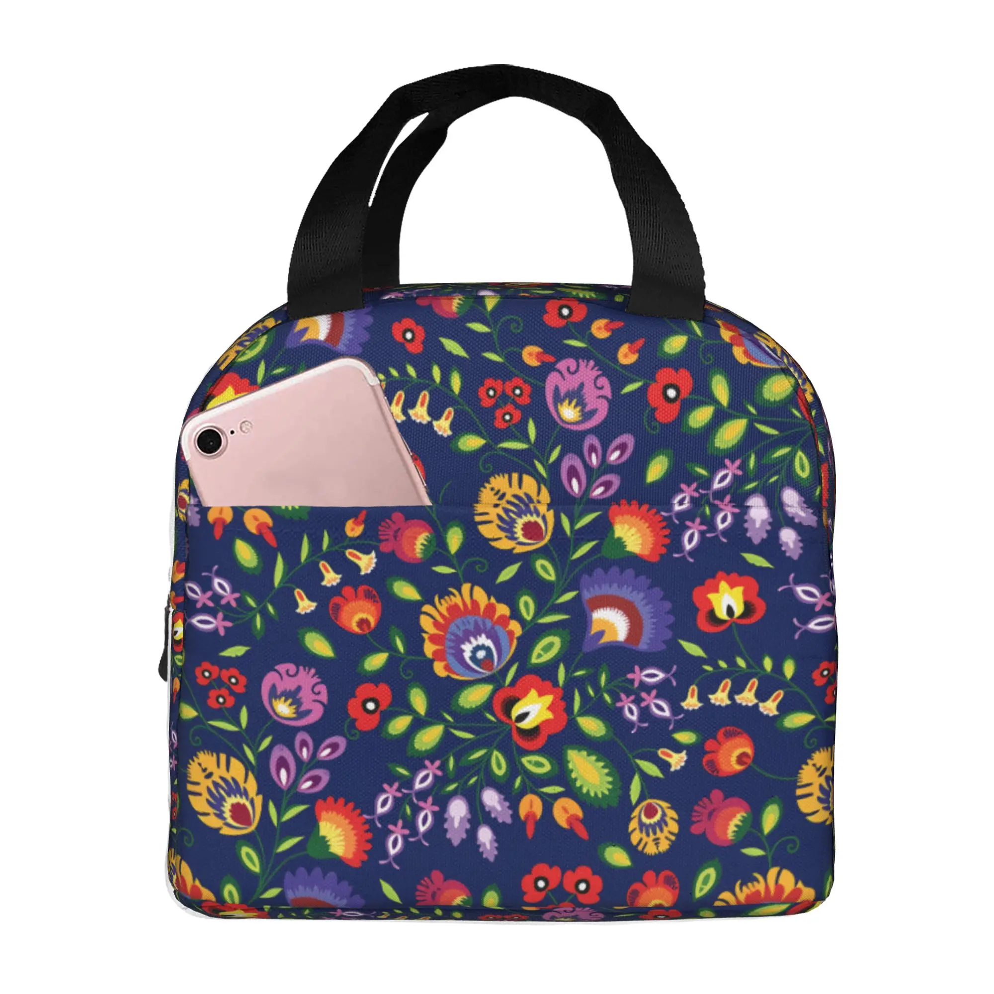 Folk Flowers  Polish Floral   Resuable Lunch Box Women Leakproof  Thermal Cooler Food Insulated Lunch Bag School