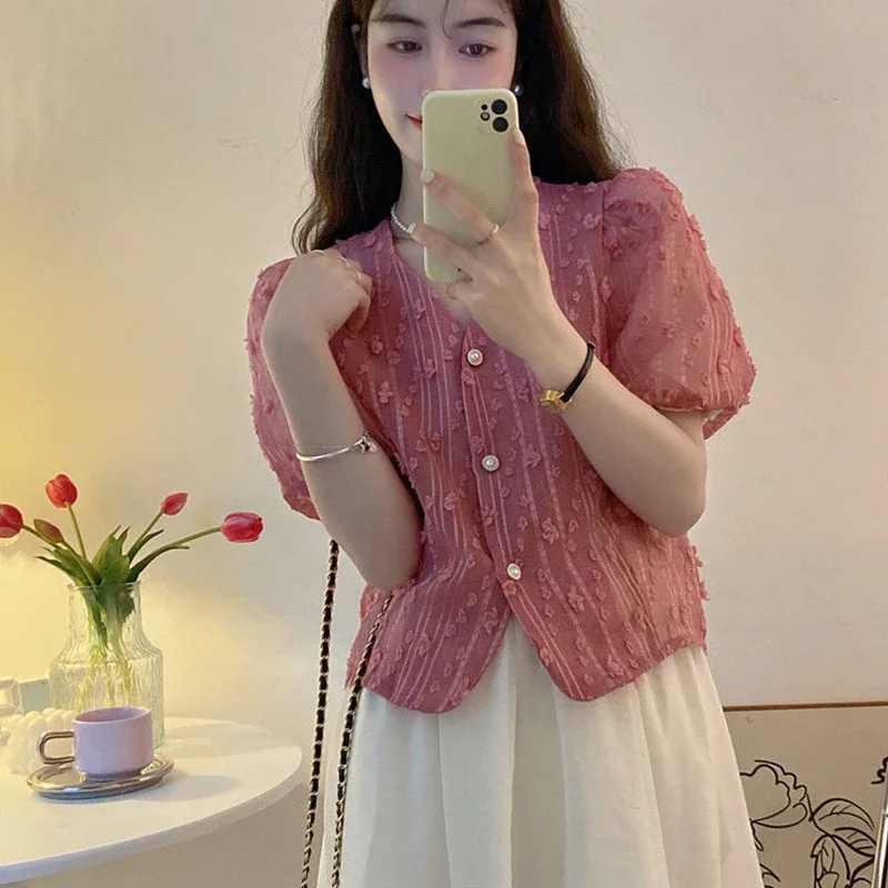 여성 여름 단순 사무실 레이디 v 넥 솔리드 컬러 반소매 셔츠 숙녀 패션 기질 얇은 스위트 탑 나타남