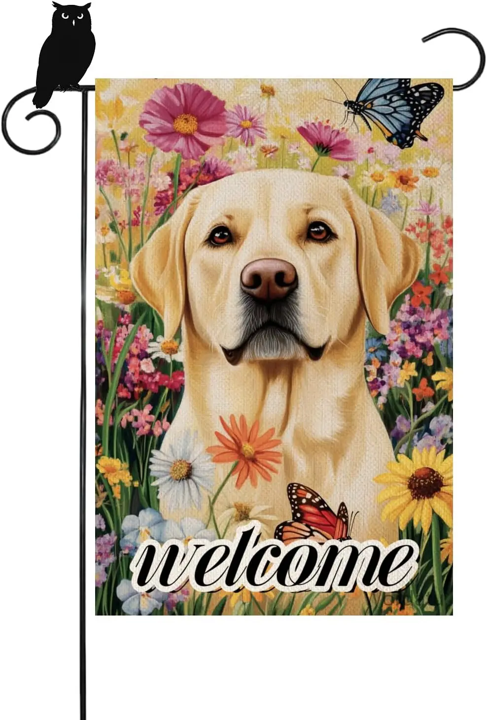 Wordatu Welcome Spring Labrador Retriever Garden Flag 12x18 Double Sided, Linen Small Flower and Butterflies Garden Yard Hou uui