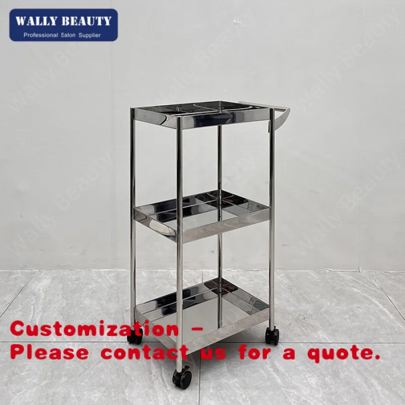 

Customize.WallyBeauty Silver Stainless Steel Salon Trolley Mobile Beauty Stool Cart Hair Makeup Tools