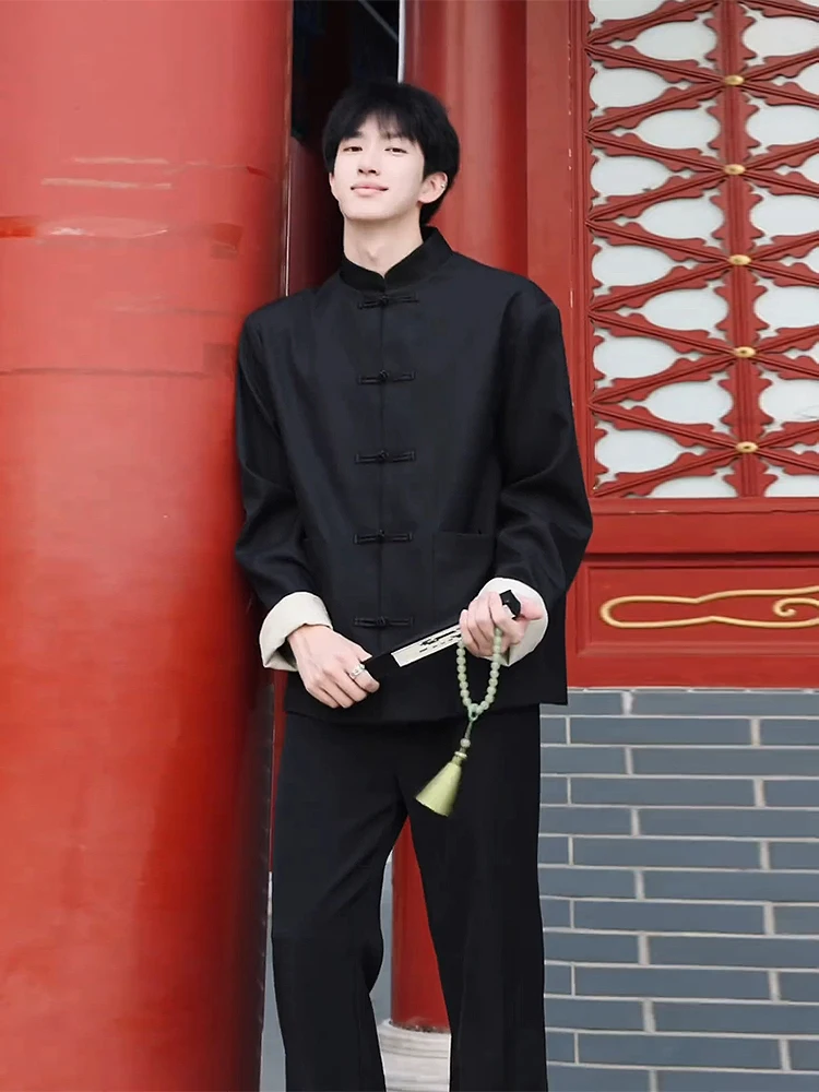 

New Chinese Sle Men's Autumn Thin Button Stand Collar Suit Jaet Cool Haome Tang Costume Western Sle Outerwear