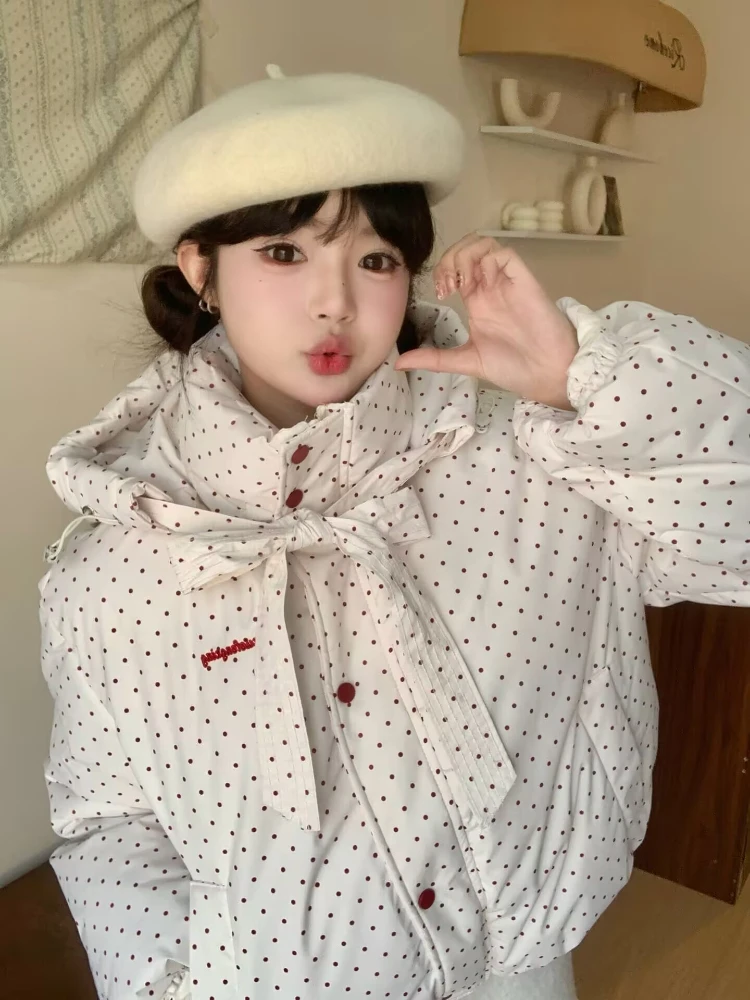 2025 أنثى الشتاء سميكة الدافئة تنوعا معطف الحلو كسول البولكا نقطة مطبوعة القوس مقنعين سترة قطن كلية نمط الخبز سترات