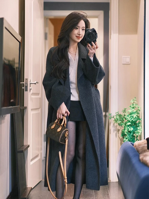 

ay Double-Sided Camere Coat Women's Small Size Winter New Thiened High-End Feeling Medium-Length Woolen Outerwear