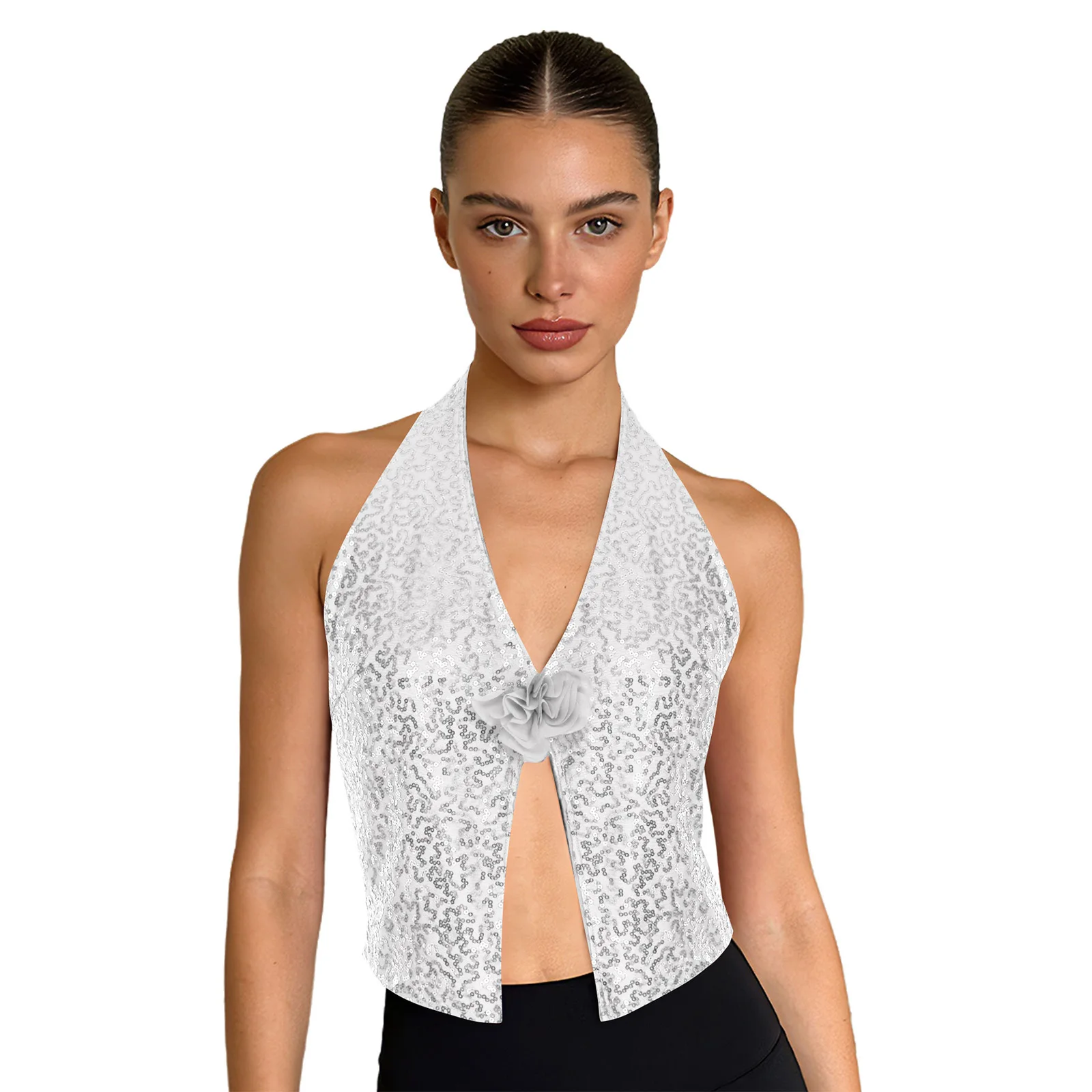 Chalecos para mujer, chaleco brillante con lentejuelas, chaleco sin mangas, Top frontal dividido sin espalda para fiesta de baile, ropa para discoteca