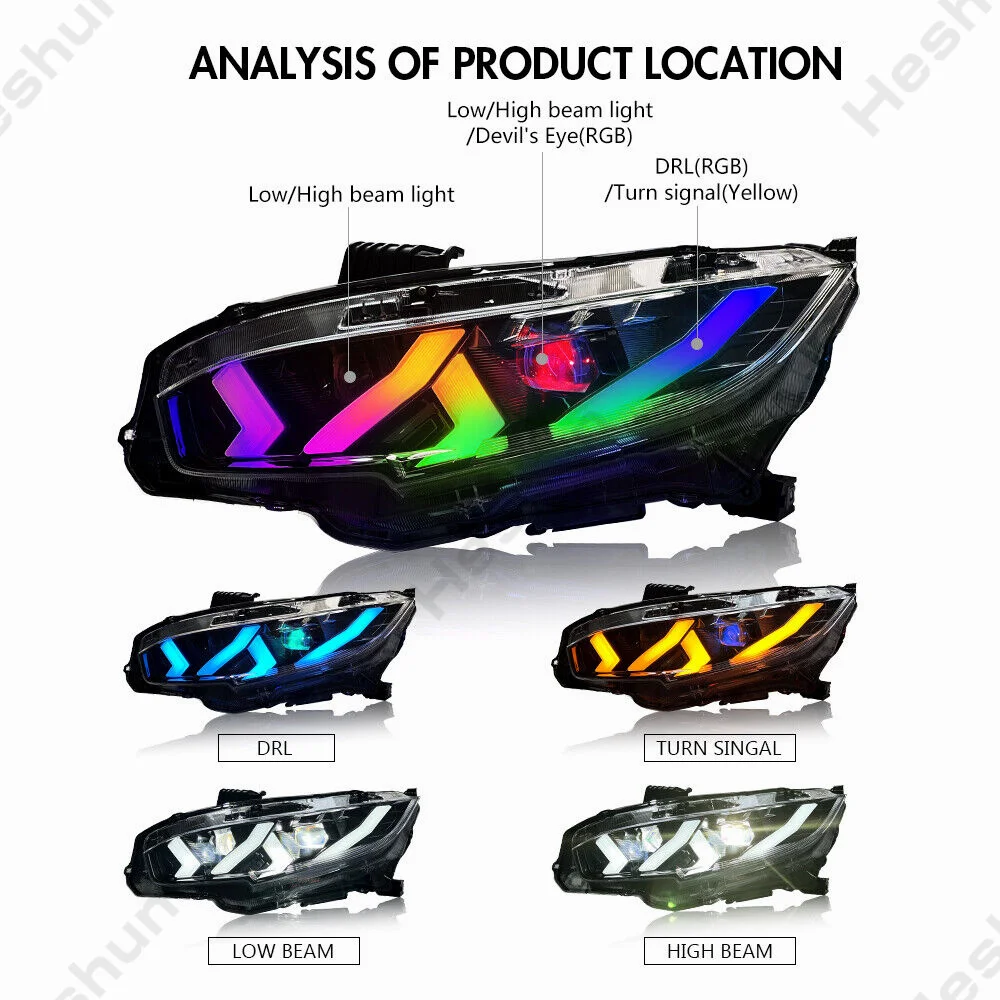 Reflektory LED RGB Red Demon Eye dla Honda Civic sedan 10. Generacji Sport/Touring/Si/typ R 2016-2017-2021 lampa czołowa pary montażowej