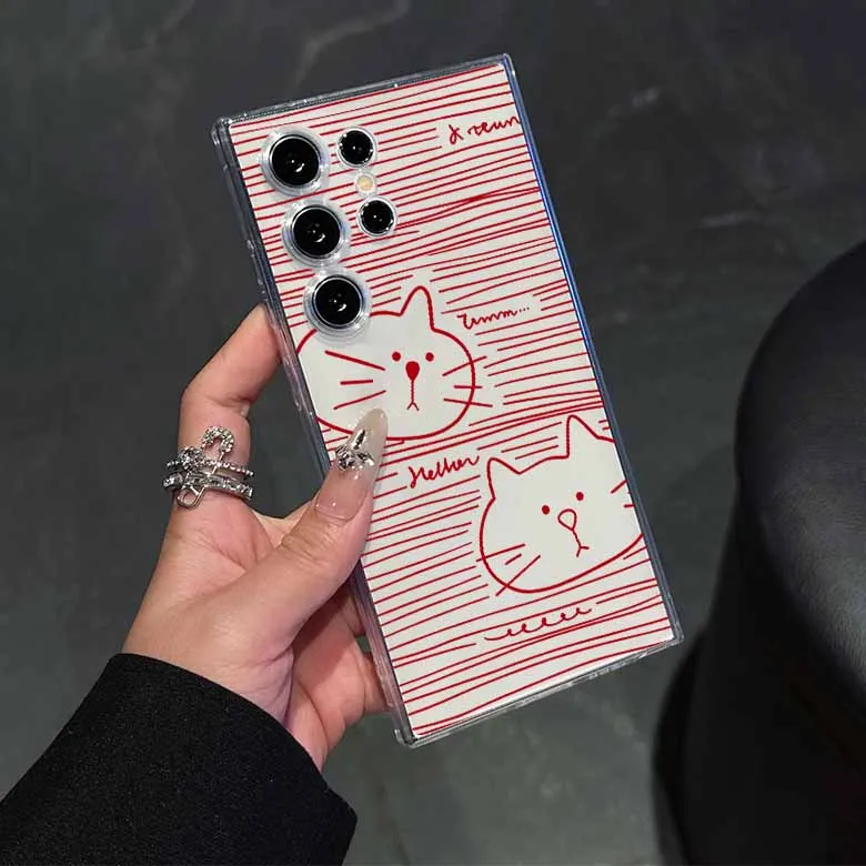 Simple Lines Cartoon Cat For Samsung S26 S25 S24 S23 S22 S21 S20 FE S10 Note 20 Ultra Plus Transparent Space Soft Phone Case