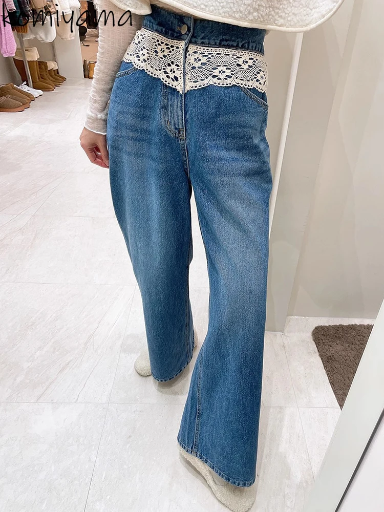 Patchwork Hollow Out Lace Jeans High Waist Pantalones Korean Sweet Ropa Mujer Vinatge Women Denim Pants Autumn Women Clothing