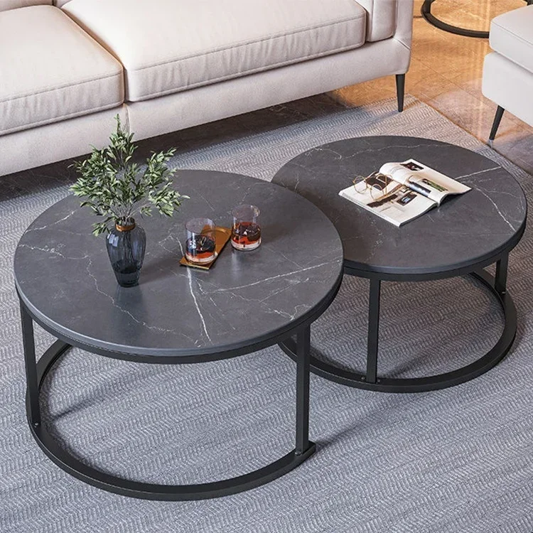 Modern Nesting Coffee Table, Marble Look Sofa Side Table, Round Table Set of 2, Gold Frame with Wood Top