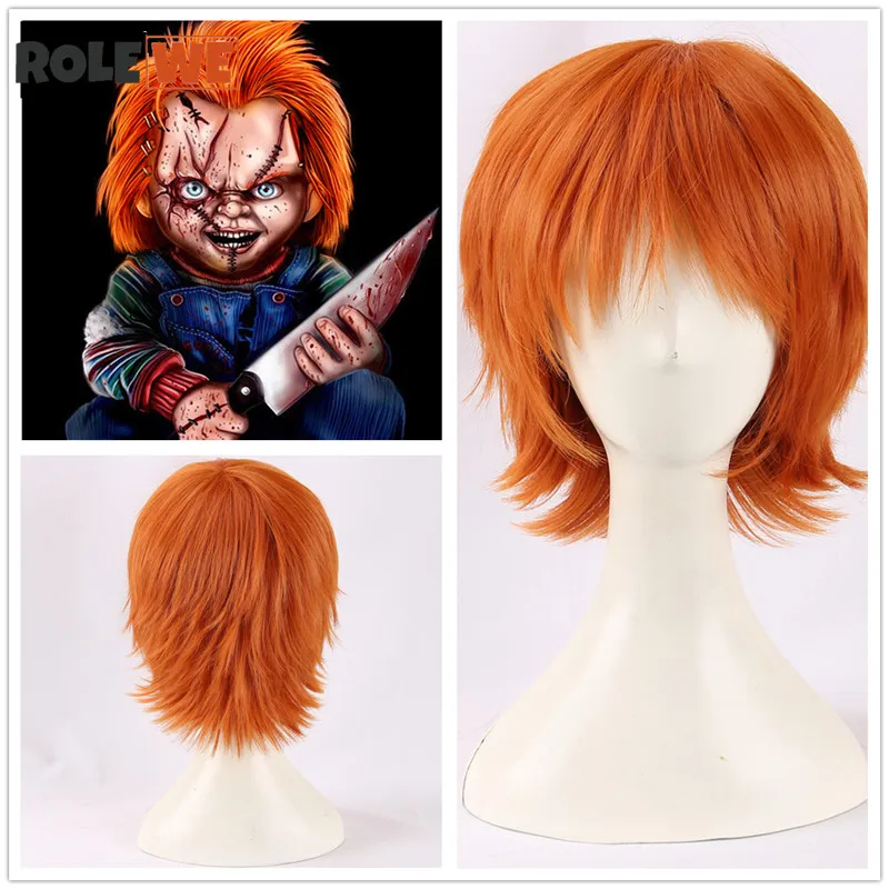 Parrucca Cosplay corta Chucky arancione di alta qualità sposa di Chucky parrucche Cosplay resistenti al calore + cappuccio parrucca