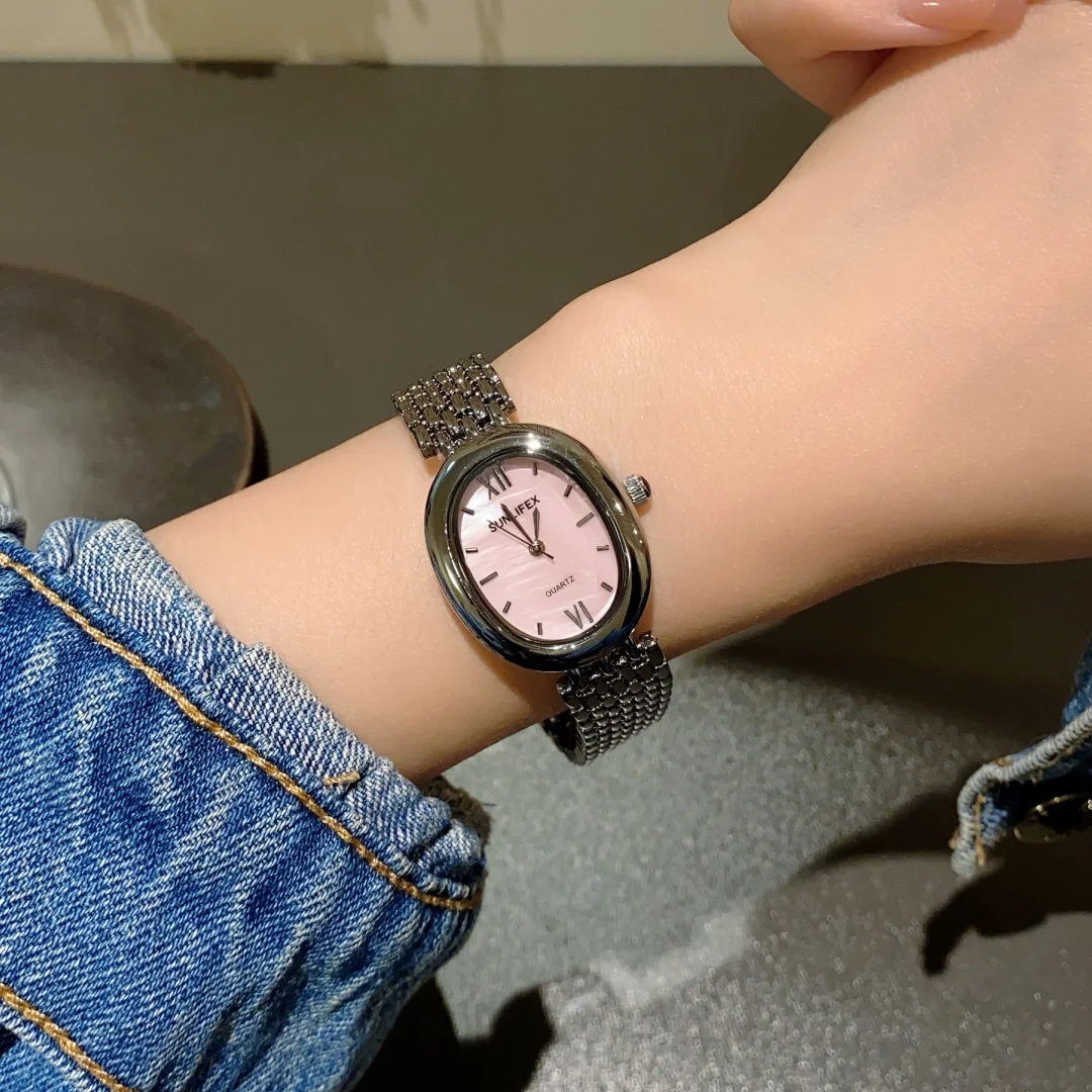 Женские кварцевые часы с овальным корпусом и циферблатом из нержавеющей стали, ремешок для девочек, студентов, отдыха Montre Femme, модный подарок, наручные часы