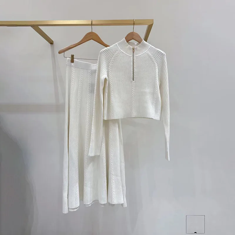 

【Gift Free】 French Niche Elegant Knit Half-Zip Round Neck Drop Shoulder Sweater & A-Line Skirt Set 2025 Fall Winter