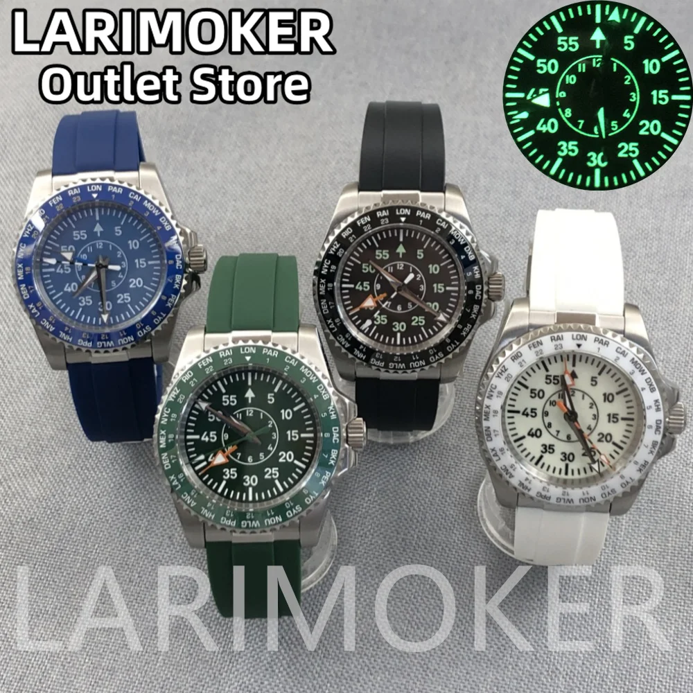 LARIMOKER 40mm Watch Black Blue Green Dial Luminous 24 Jewel NH34A (GMT) Movement Rubber Strap Men's Watch Sapphire Glass