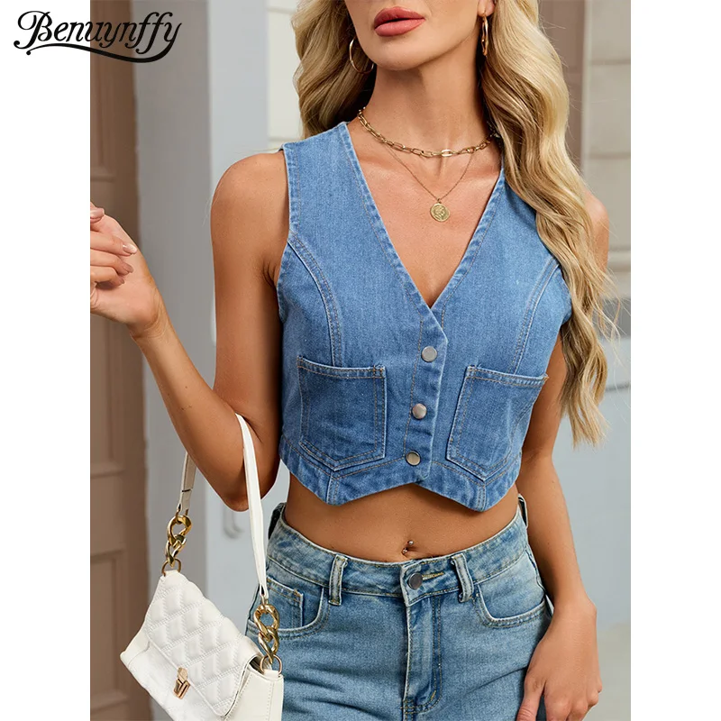 

Benuynffy V-neck Single Breasted Denim Vest Women Summer 2026 Vintage 2000s Streetwear Casual Sleeveless Crop Top with Pockets