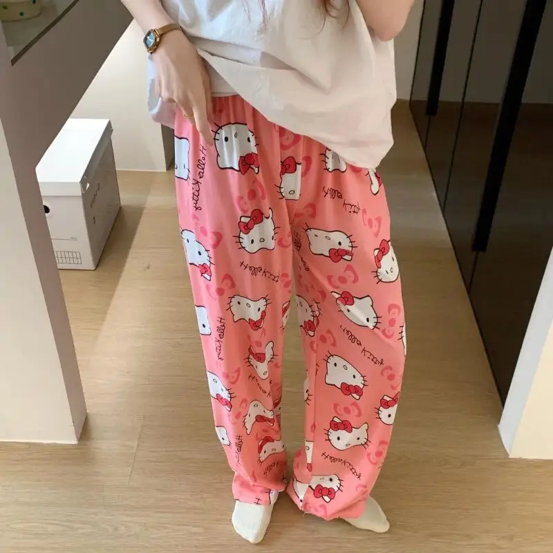 봄 가을 얇은 헬로 키티 프린트 여성 잠옷 바지 여름 인기 루즈 캐주얼 바지 만화 홈 캐주얼 워킹 바지 썸네일 2