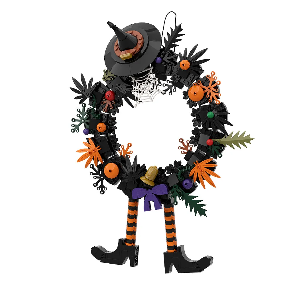 MOC-Juego de bloques de construcción de sombrero de bruja, películas de Terror de Halloween, puerta de calabaza, árbol, sombrero de bruja, ladrillos, juguetes de fantasma de calabaza, regalo