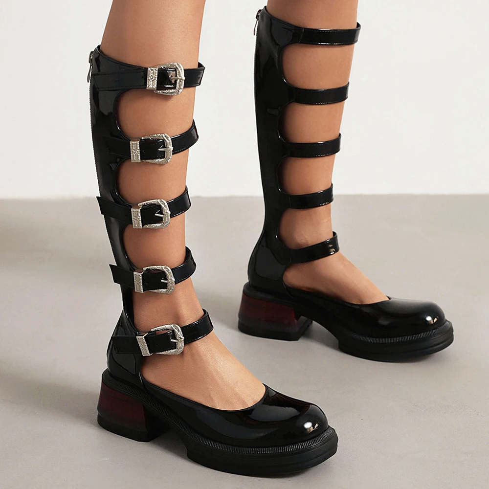 Street Style Punk Cool Boots Spring and Summer 2023 Fashion Buckle Design Chunky Heels Sandals Platform Shoes for Women,Big Size