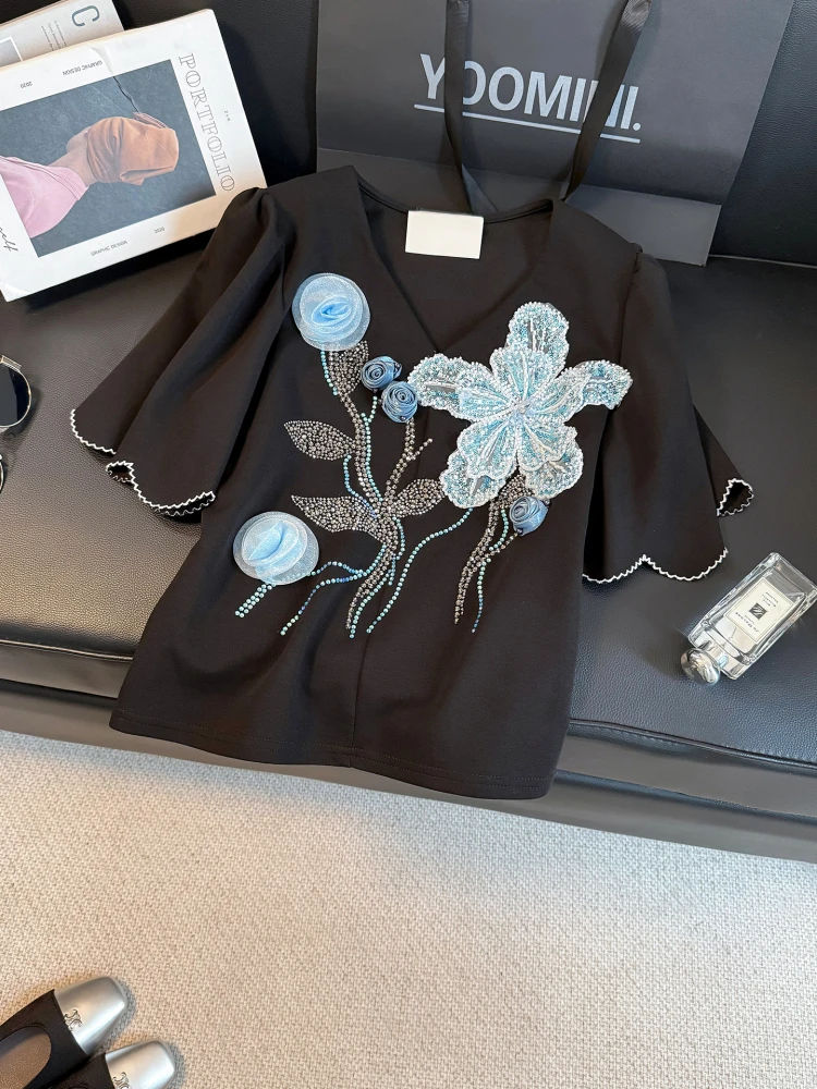 

New V-neck nail drill flower bat sleeve T-shirt premium loose top