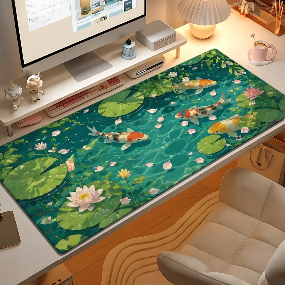 Blue and green lotus leaf, koi fish and lotus flower pattern mouse pad, desk decoration accessory, for computer desk matching