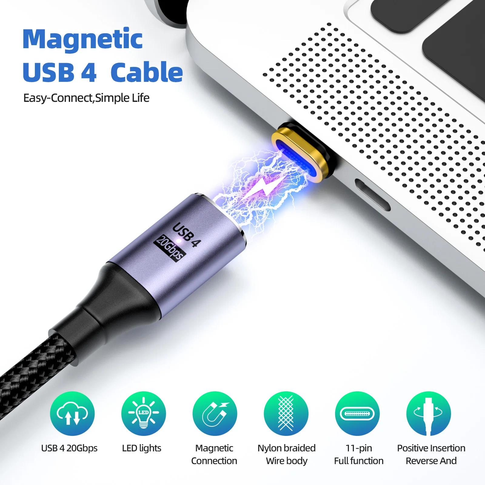 Pd 100w 5a cabo magnético de carregamento rápido usb tipo c para tipo c usb4.0 20gbps 8k @ 60hz cabo de dados para macbook pro ar xiaomi samsung