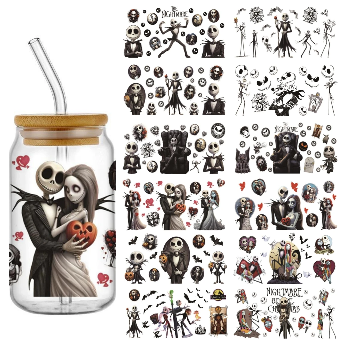 

Miniso Jack & Sally Decal UV DTF Cup Wrap 16oz For Libbey Glass Ready To Apply No Heat Needed Permanent Adhesive Waterproof