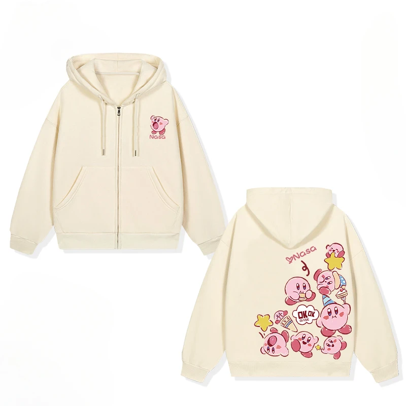 Cute Kirby of The Stars Cartoon Anime Print Boys and Girls Zipper Hoodies Autumn and Winter Parent Child Clothing Zipper Hoodie