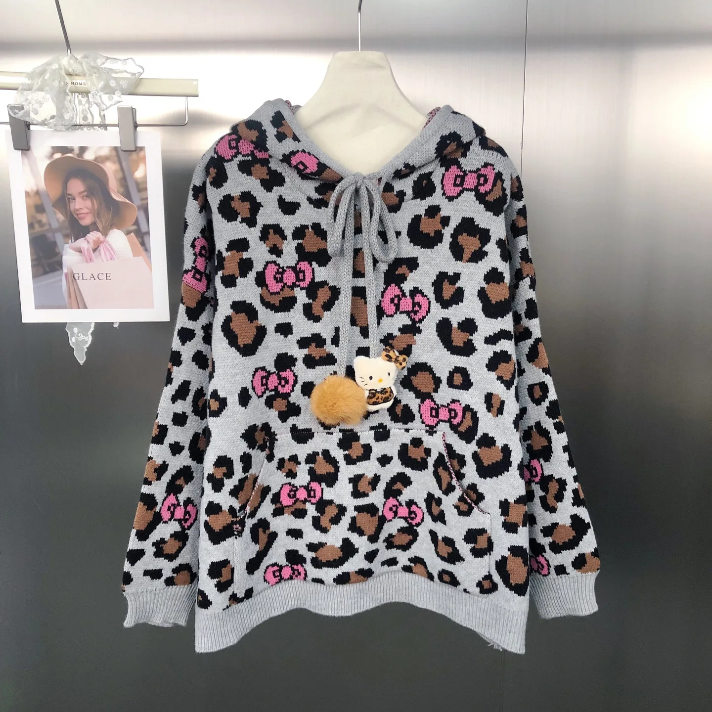 الكورية نمط الرجعية ليوبارد طباعة اللون كتلة معطف بقلنسوة الخريف الشتاء الشباب الكرتون الجاكار البلوز تريكو Y2k سترة #2