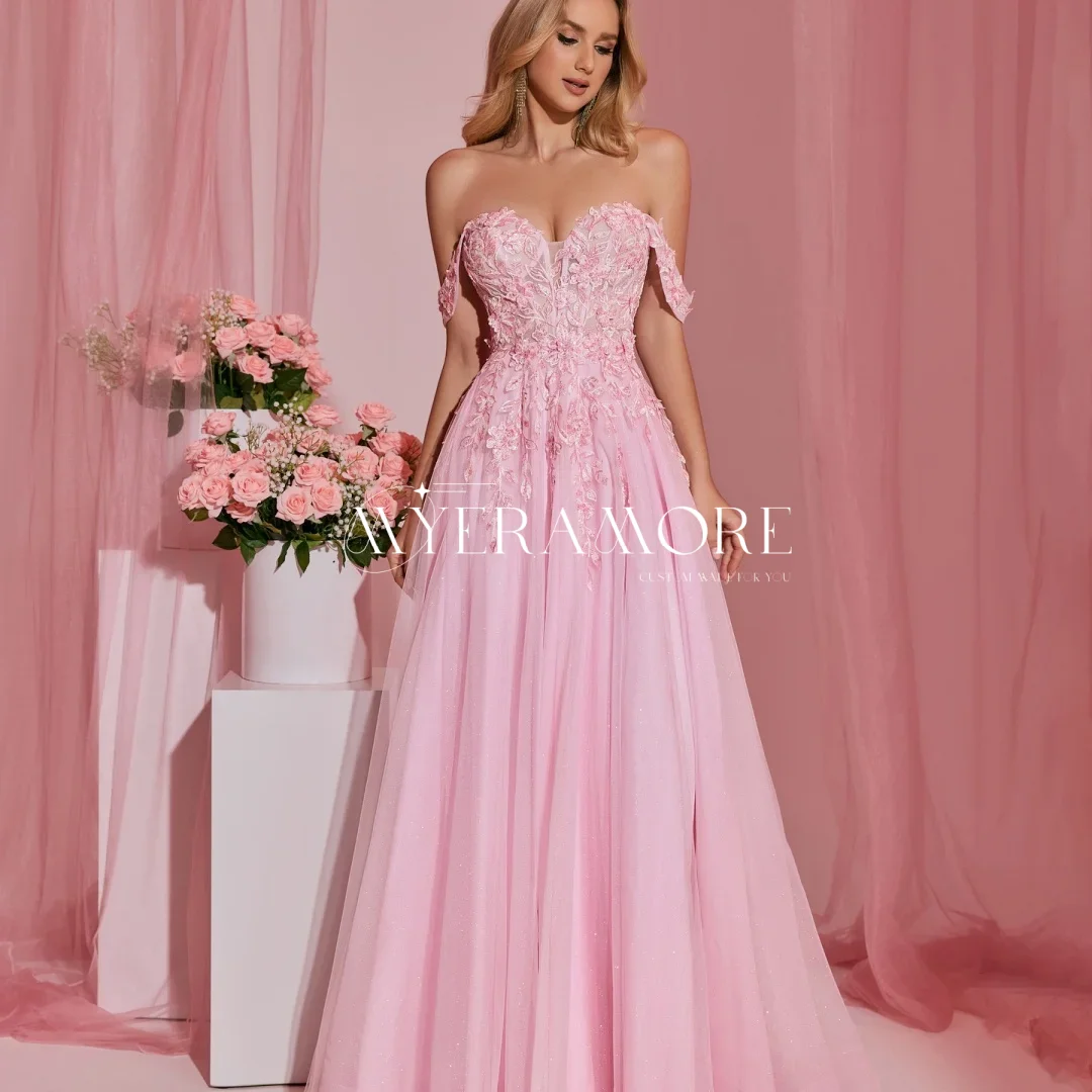 Pink Flowers Embroidery Princess Formal Evening Dresses Off The Shoulder Pleat Lace Glitter Tulle Wedding Guest Dress Customized