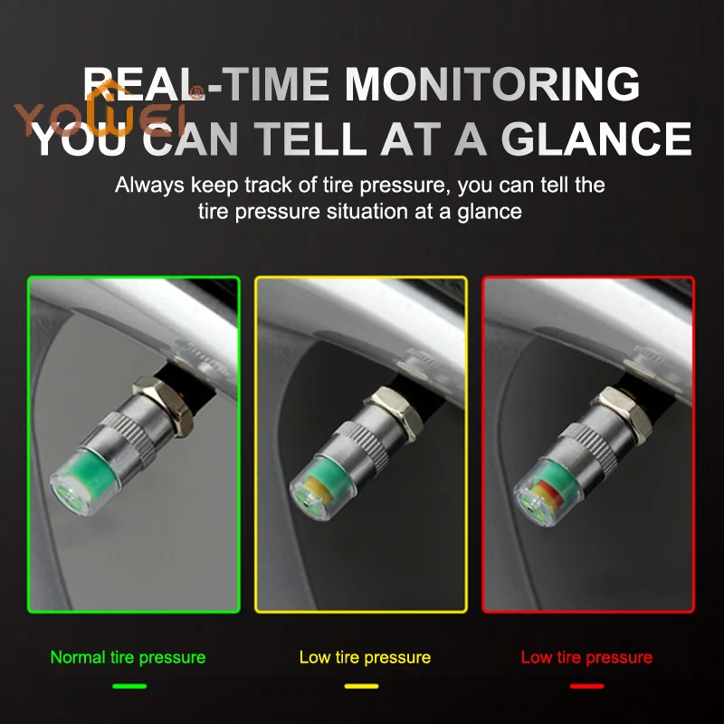 

4Pcs/Set Car Tire Pressure Indicator Gauge Alert Monitoring Valve Cap Sensor External Detection Monitoring Alert DIY Accessory