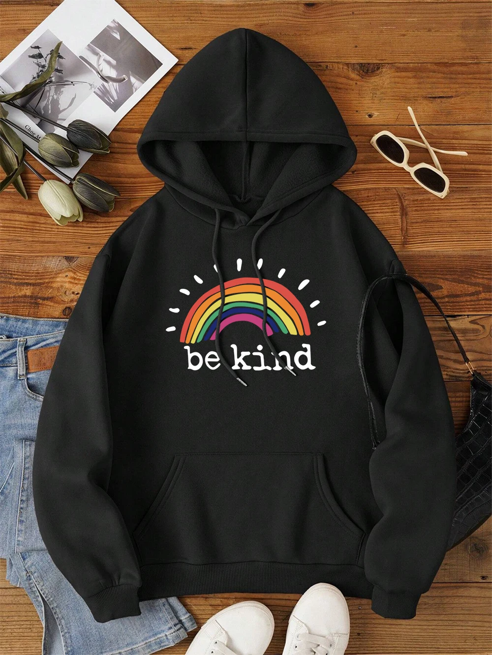 Be Kind A Glowing Rainbow Men Women Hoody Crewneck Pollover Sweatshirt Fashion Loose Pocket Hoody Autumn Fleece Couple Clothes